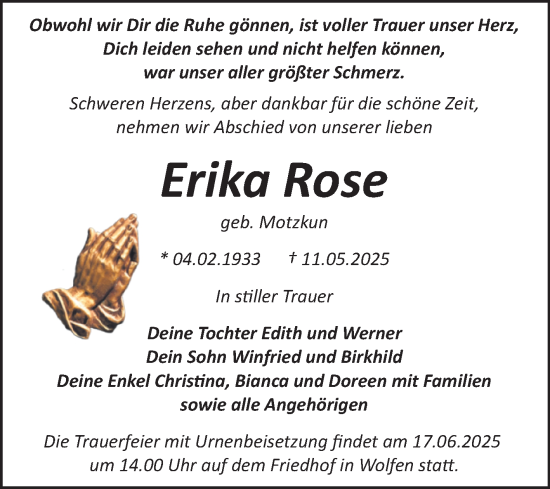 Traueranzeige von Erika Rose von Trauerkombi Bitterfeld