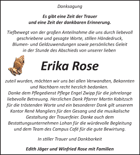 Traueranzeige von Erika Rose von Trauerkombi Bitterfeld