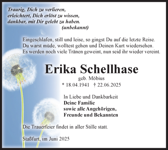 Traueranzeige von Erika Schellhase 