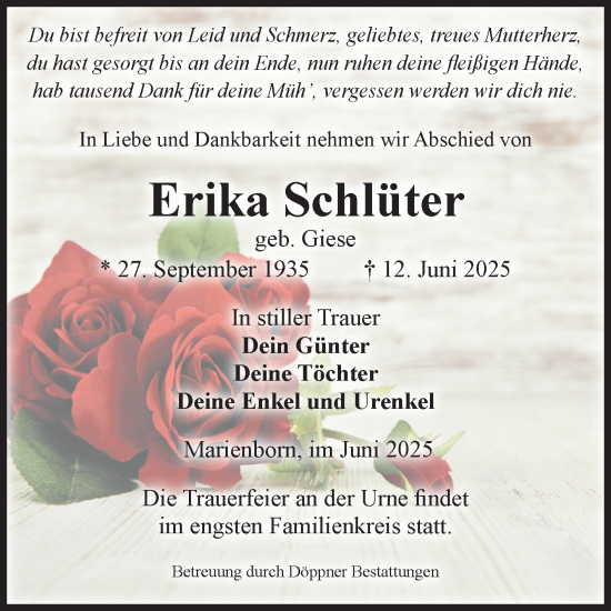 Traueranzeige von Erika Schlüter von Volksstimme Oschersleben/Wanzleben