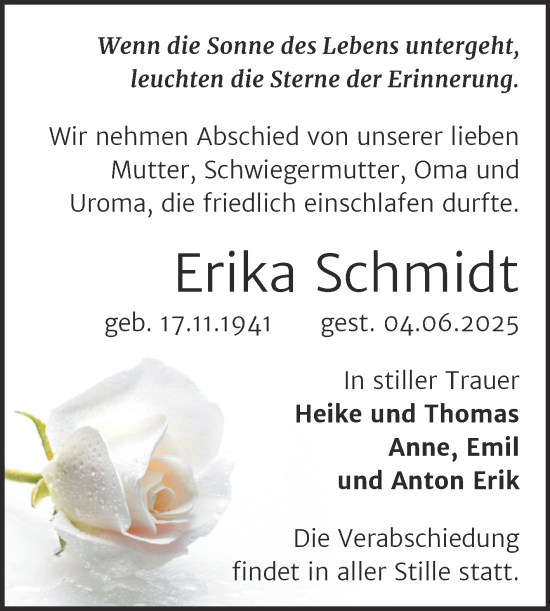 Traueranzeige von Erika Schmidt von Trauerkombi Sangerhausen