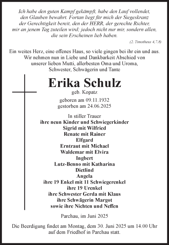 Traueranzeige von Erika Schulz 