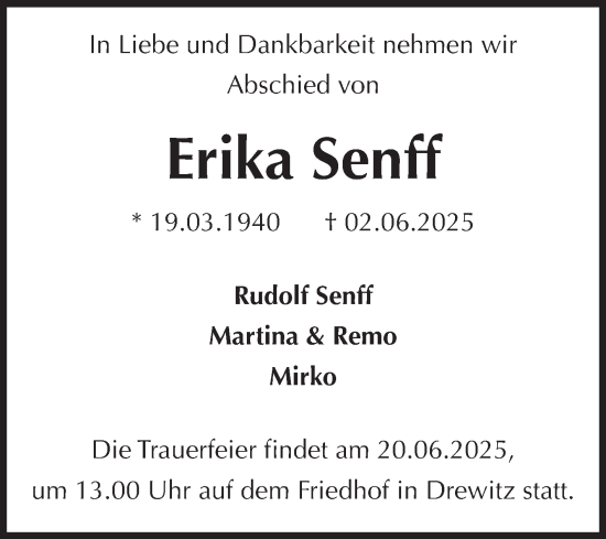Traueranzeige von Erika Senff von Volksstimme Burg/Genthin