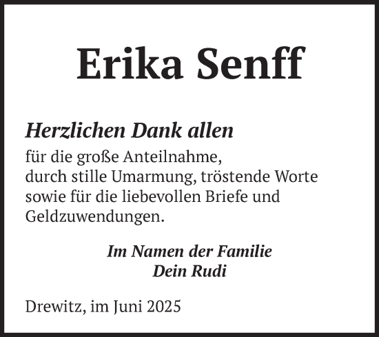 Traueranzeige von Erika Senff von Volksstimme Burg/Genthin