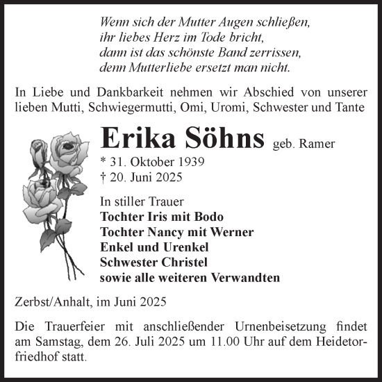 Traueranzeige von Erika Söhns von Volksstimme Zerbst