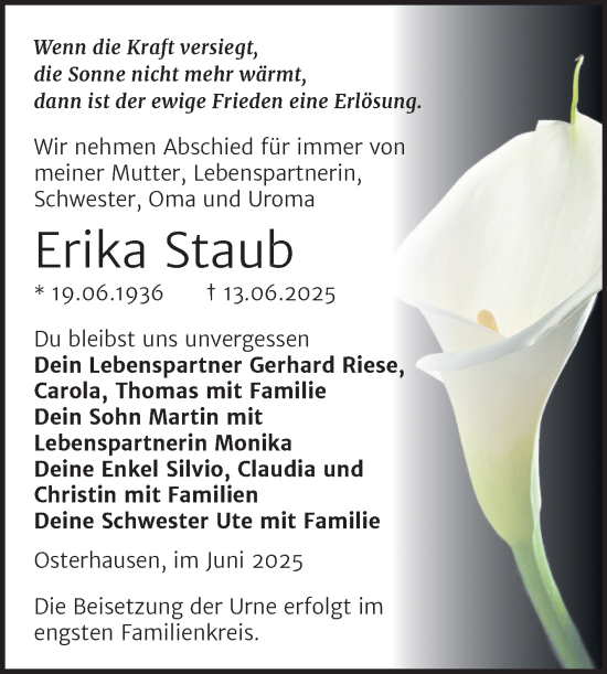 Traueranzeige von Erika Staub von Trauerkombi Mansfelder Land