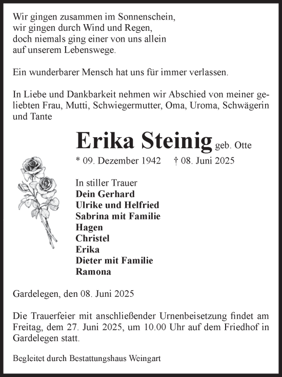 Traueranzeige von Erika Steinig von Volksstimme Altmark West