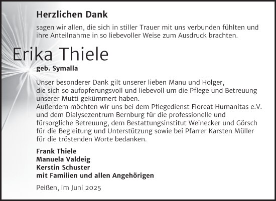 Traueranzeige von Erika Thiele von Trauerkombi Bernburg