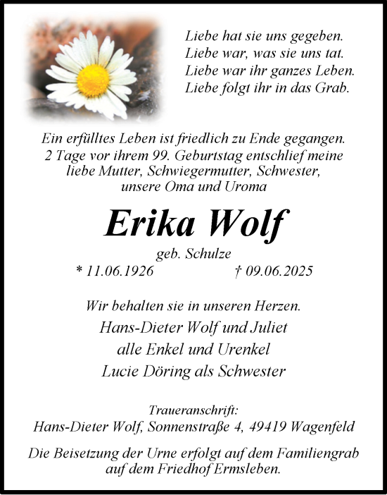Traueranzeige von Erika Wolf von Super Sonntag Quedlingburg