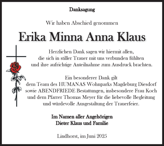 Traueranzeige von Erika Minna Anna Klaus von Volksstimme Haldensleben/Wolmirstedt