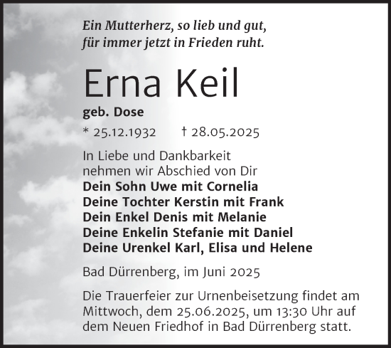 Traueranzeige von Erna Keil von Trauerkombi Merseburg