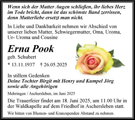 Traueranzeige von Erna Pook von Trauerkombi Aschersleben