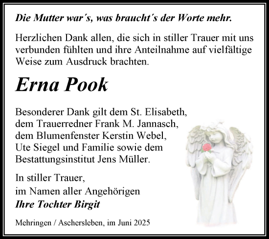 Traueranzeige von Erna Pook von Trauerkombi Aschersleben