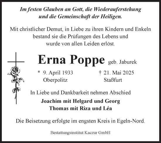 Traueranzeige von Erna Poppe von Volksstimme Staßfurt