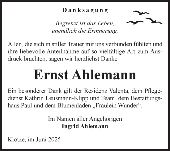 Traueranzeige von Ernst Ahlemann von Volksstimme Altmark West