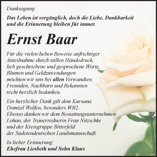 Traueranzeige von Ernst Baar von Trauerkombi Bitterfeld