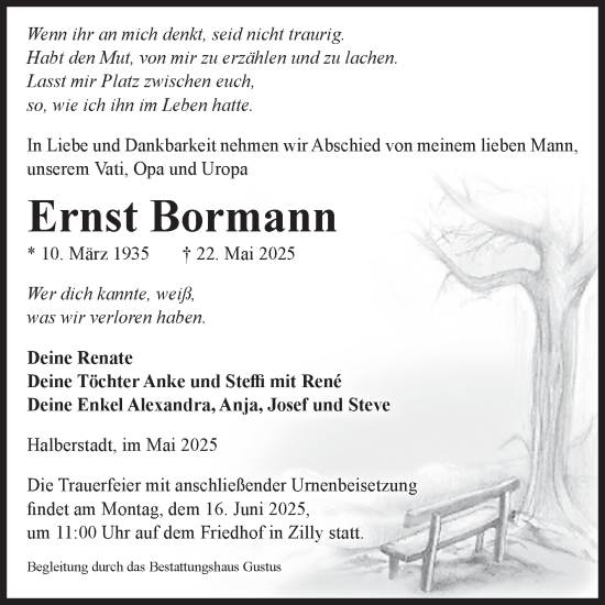 Traueranzeige von Ernst Bormann von Volksstimme Halberstadt