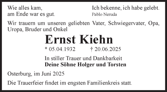 Traueranzeige von Ernst Kiehn von Volksstimme Altmark Ost