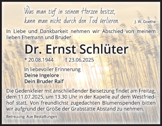 Traueranzeige von Ernst Schlüter von Volksstimme Magdeburg