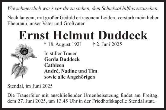 Traueranzeige von Ernst Helmut Duddeck von Volksstimme Altmark Ost