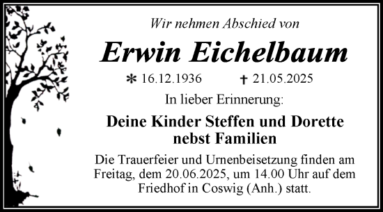 Traueranzeige von Erwin Eichelbaum von Trauerkombi Dessau