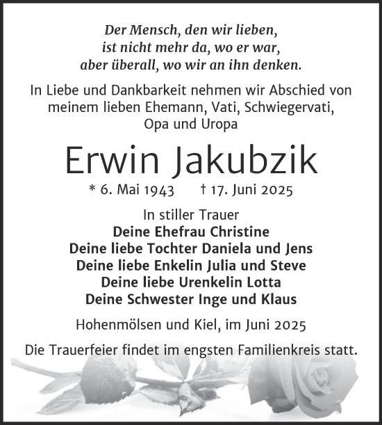 Traueranzeige von Erwin Jakubzik von Trauerkombi Weißenfels