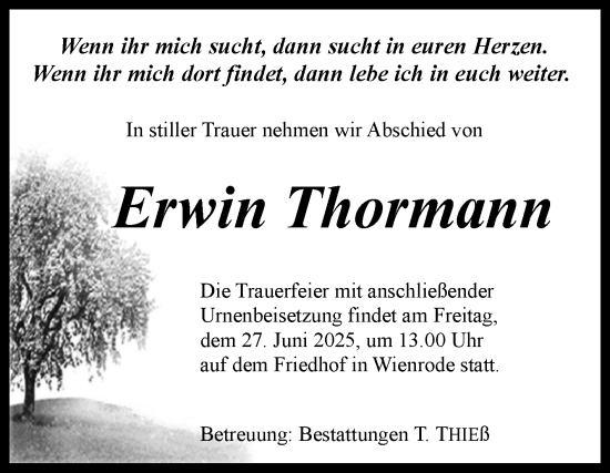 Traueranzeige von Erwin Thormann von Volksstimme Wernigerode