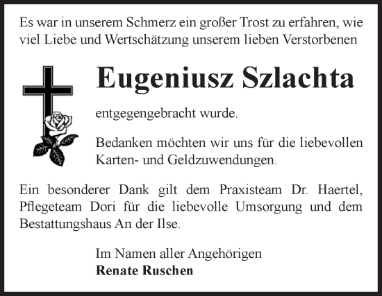 Traueranzeige von Eugeniusz Szlachta von Volksstimme Wernigerode