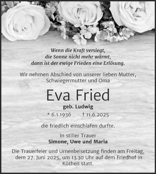 Traueranzeige von Eva Fried von Trauerkombi Köthen