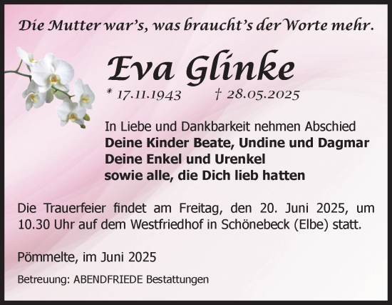 Traueranzeige von Eva Glinke von Volksstimme Schönebeck