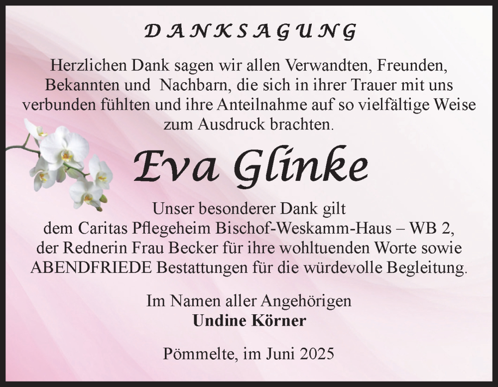  Traueranzeige für Eva Glinke vom 28.06.2025 aus Volksstimme Schönebeck