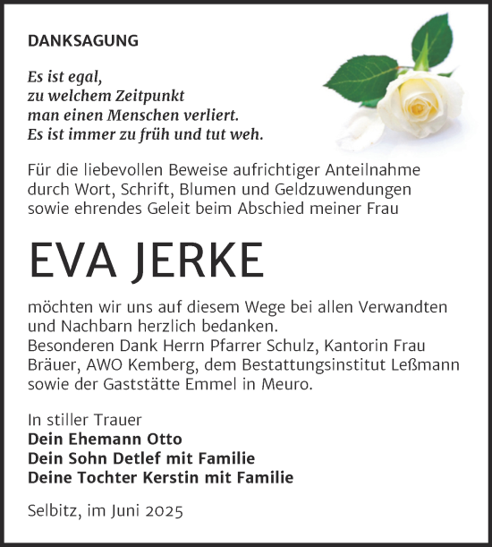 Traueranzeige von Eva Jerke von Trauerkombi Wittenberg
