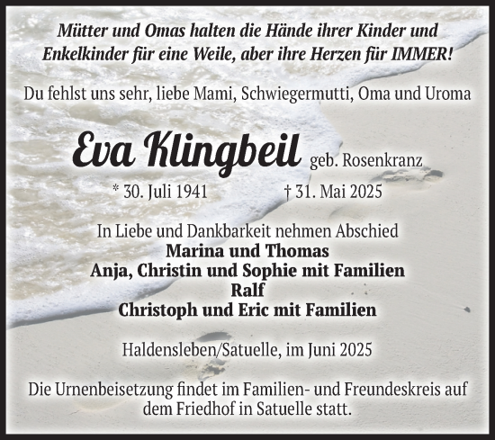 Traueranzeige von Eva Klingbeil von Volksstimme Haldensleben/Wolmirstedt