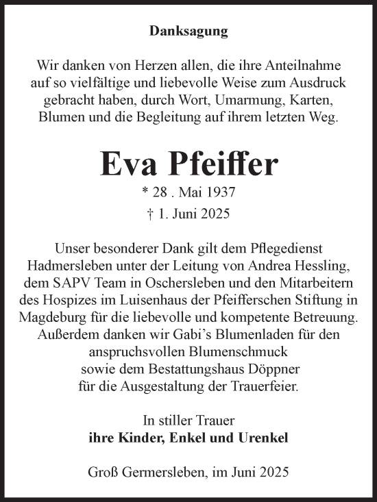 Traueranzeige von Eva Pfeiffer von Volksstimme Oschersleben/Wanzleben