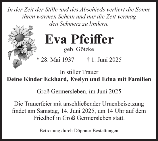 Traueranzeige von Eva Pfeiffer von Volksstimme Oschersleben/Wanzleben