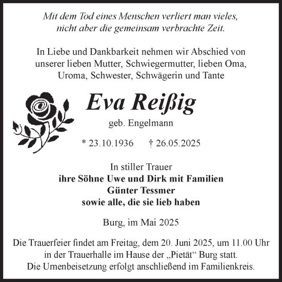 Traueranzeige von Eva Reißig von Volksstimme Burg/Genthin