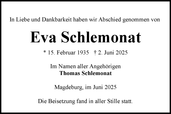 Traueranzeige von Eva Schlemonat von Volksstimme Magdeburg