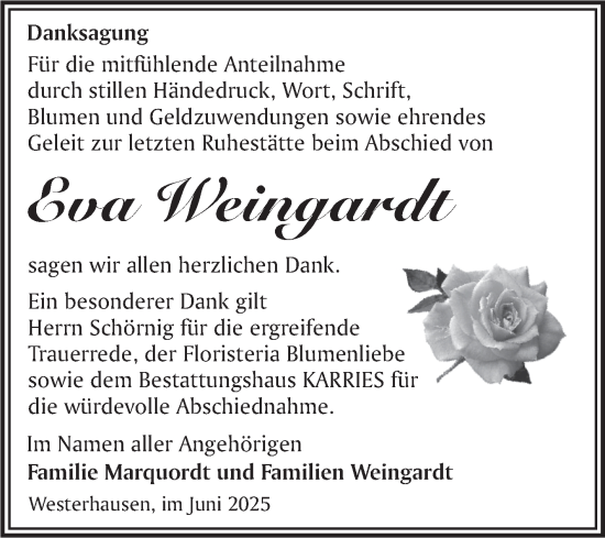 Traueranzeige von Eva Weingardt von Trauerkombi Quedlinburg