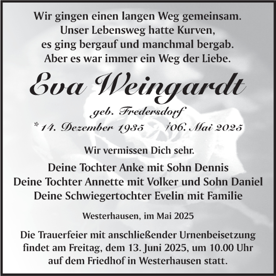 Traueranzeige von Eva Weingardt von Trauerkombi Quedlinburg