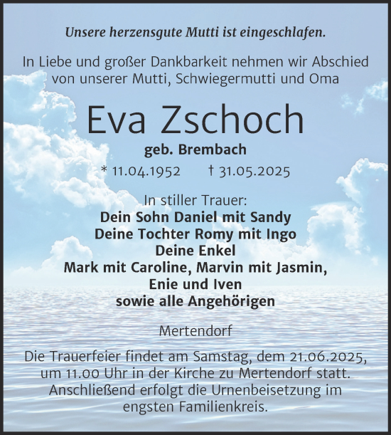 Traueranzeige von Eva Zschoch von Super Sonntag Naumburg/Nebra