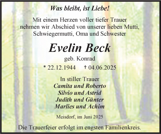 Traueranzeige von Evelin Beck von Trauerkombi Aschersleben