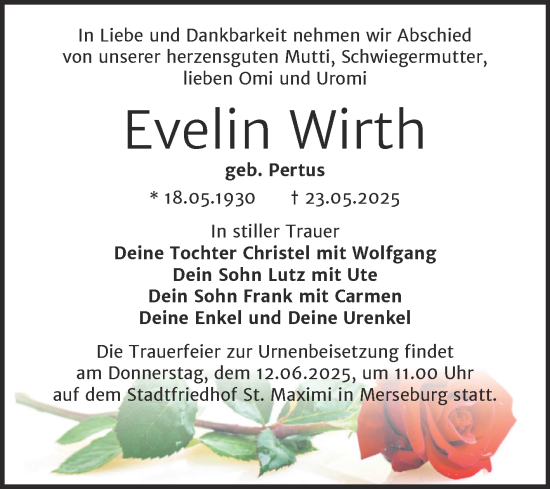 Traueranzeige von Evelin Wirth von Trauerkombi Merseburg