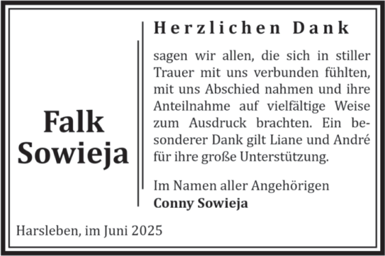 Traueranzeige von Falk Sowieja von Volksstimme Halberstadt