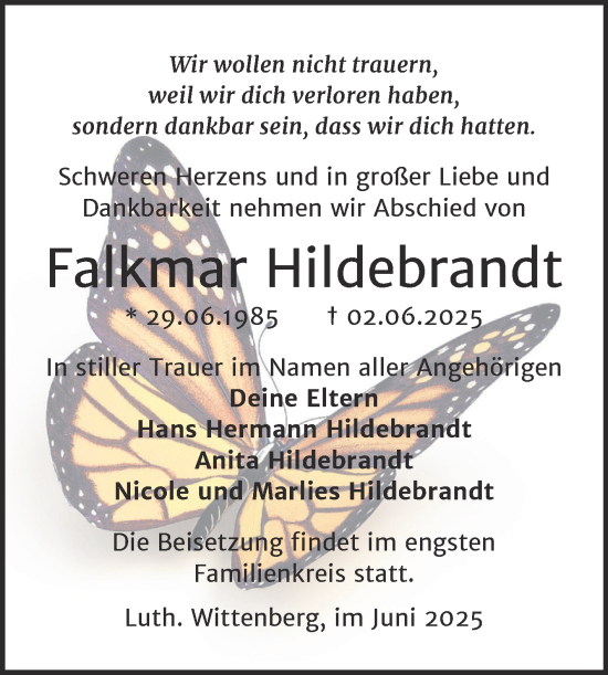 Traueranzeige von Falkmar Hildebrandt von Trauerkombi Wittenberg