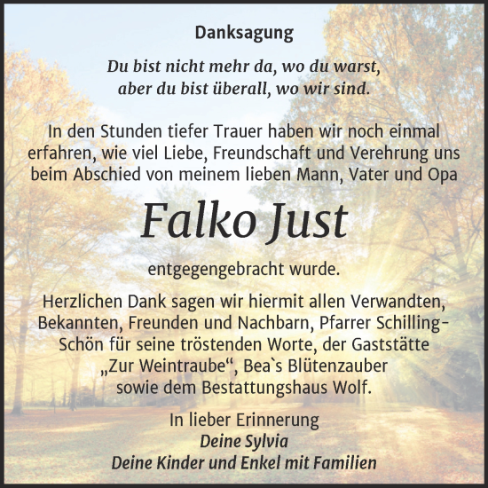 Traueranzeige von Falko Just von Trauerkombi Weißenfels
