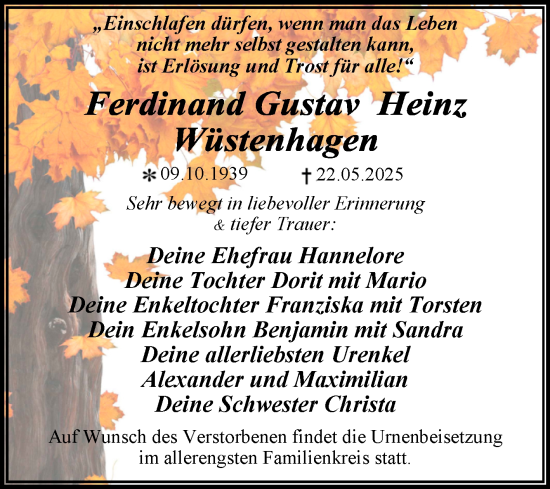 Traueranzeige von Ferdinand Gustav Heinz Wüstenhagen von Trauerkombi Dessau