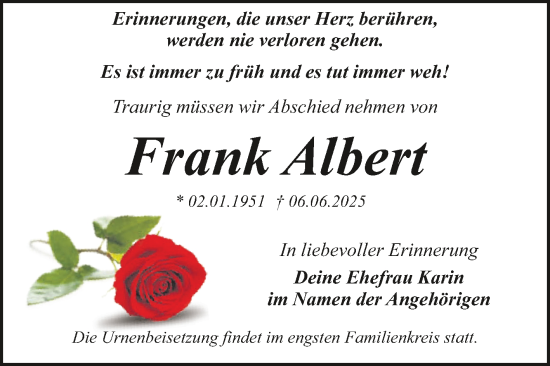 Traueranzeige von Frank Albert von Trauerkombi Dessau