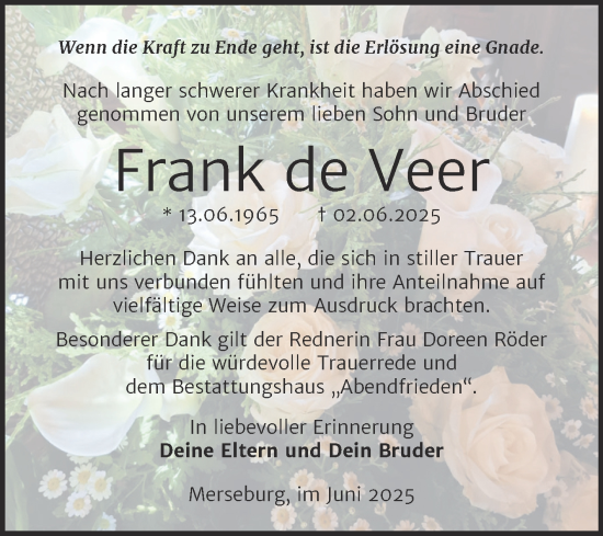 Traueranzeige von Frank de Veer von Trauerkombi Merseburg