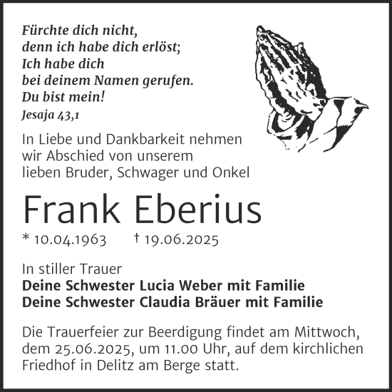 Traueranzeige von Frank Eberius von Mitteldeutsche Zeitung Merseburg/Querfurt