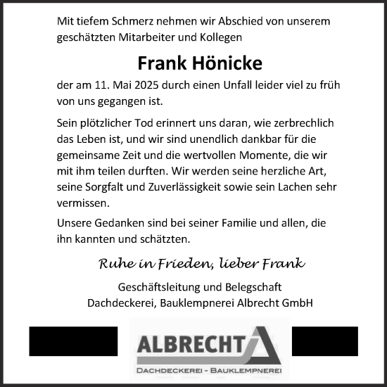 Traueranzeige von Frank Hönicke von Super Sonntag Wittenberg